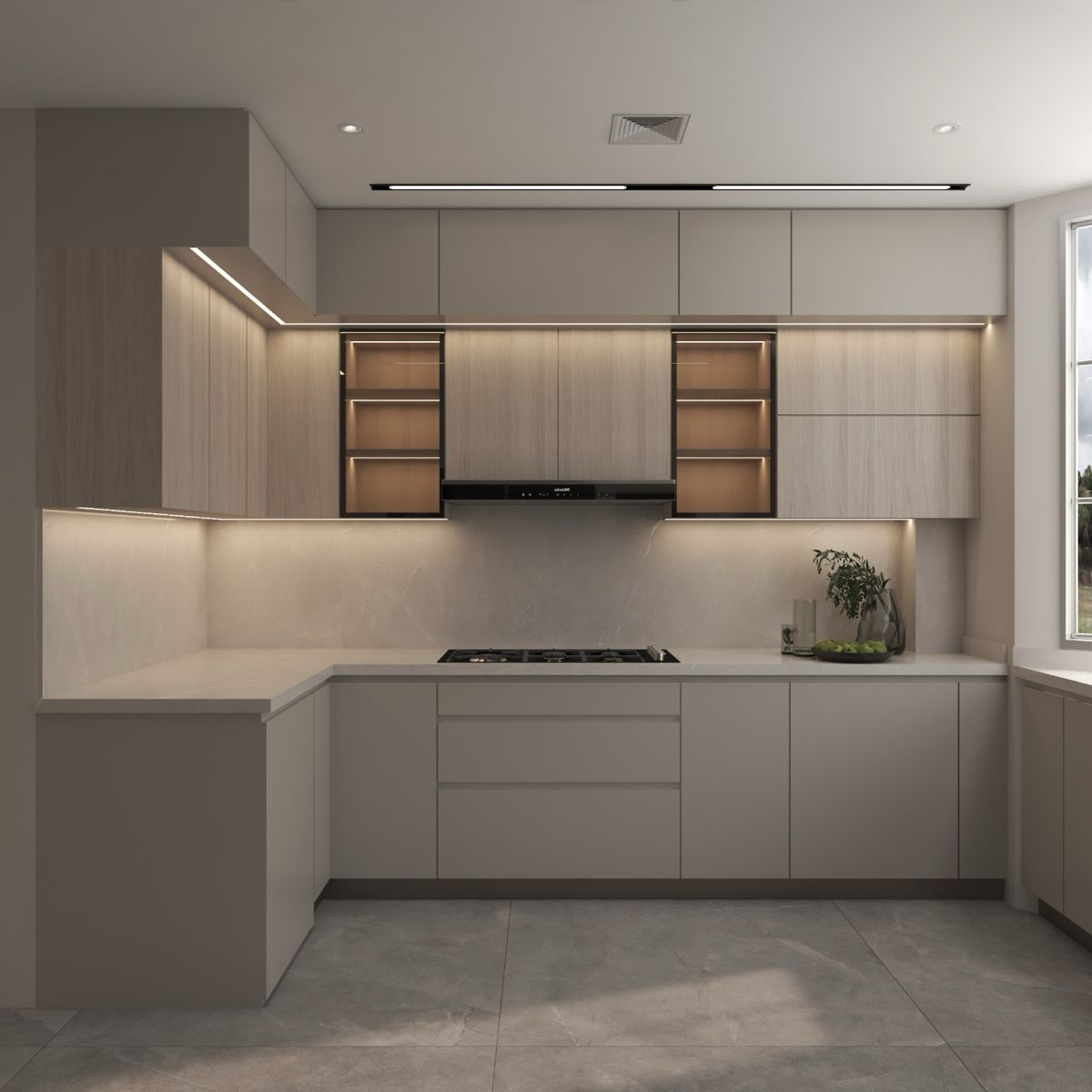 Modern minimal kitchen with light wood cabinets